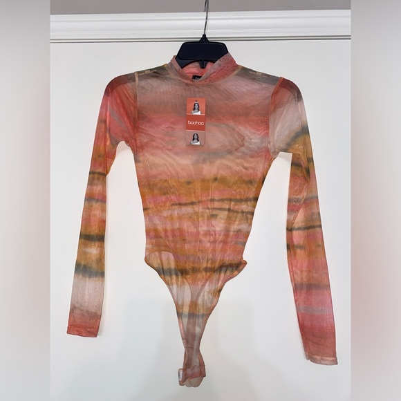 Orange Mesh High Neck Contrast Seam Bodysuit - Picture 3 of 6